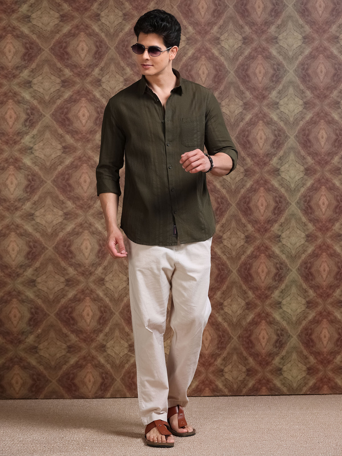 MEN'S OLIVE GREEN SELF DESIGN SLIM FIT SHIRT