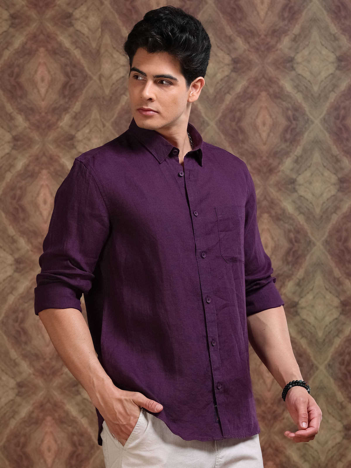 MEN'S DK.PURPLE SOLID SLIM FIT LINEN SHIRT