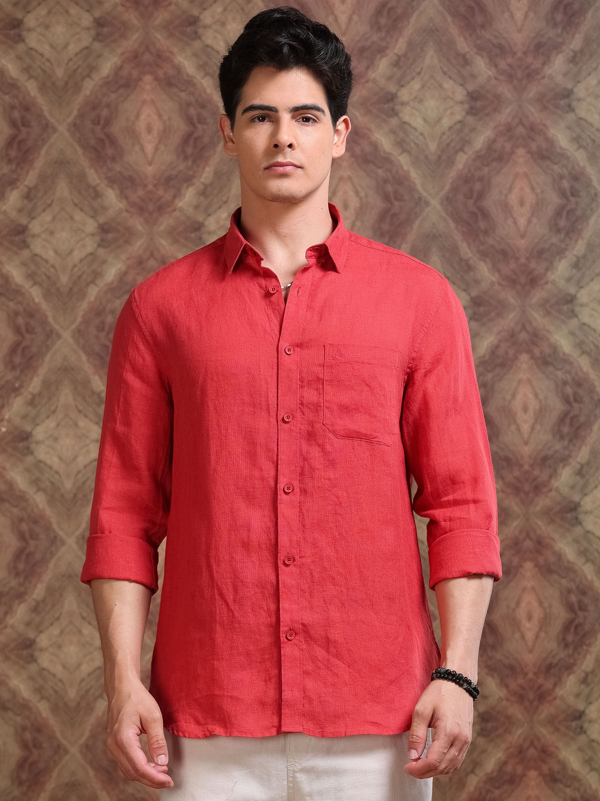 MEN'S BRICK ORANGE SOLID SLIM FIT LINEN SHIRT