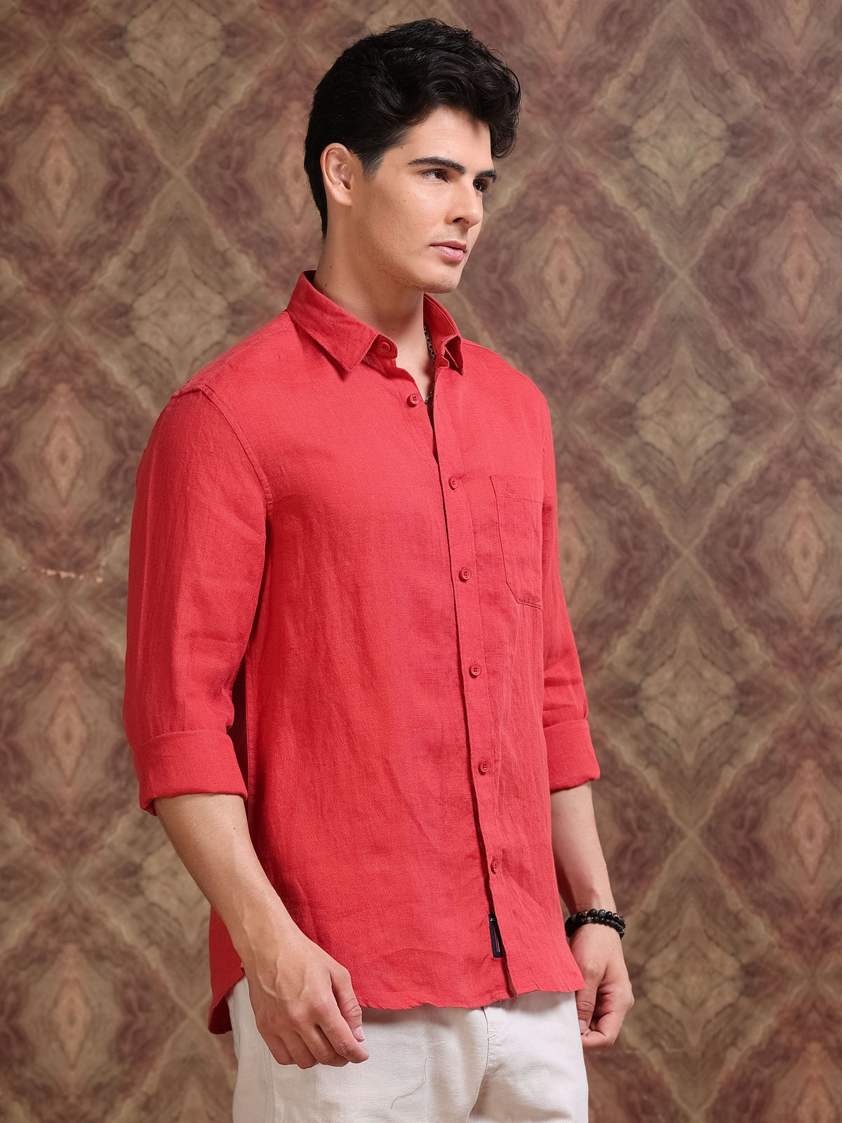 MEN'S BRICK ORANGE SOLID SLIM FIT LINEN SHIRT