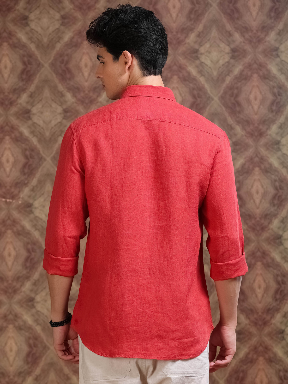 MEN'S BRICK ORANGE SOLID SLIM FIT LINEN SHIRT