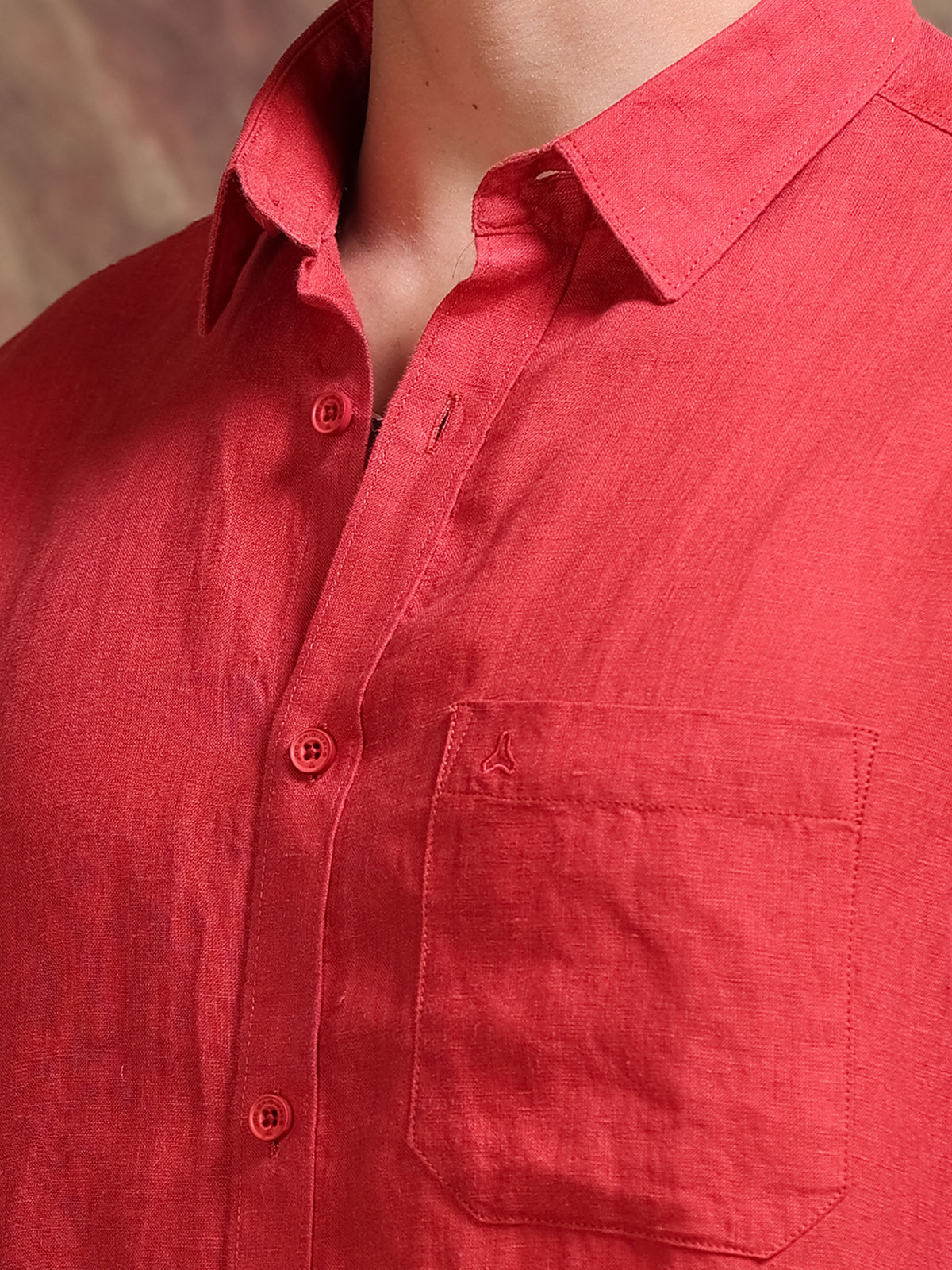 MEN'S BRICK ORANGE SOLID SLIM FIT LINEN SHIRT