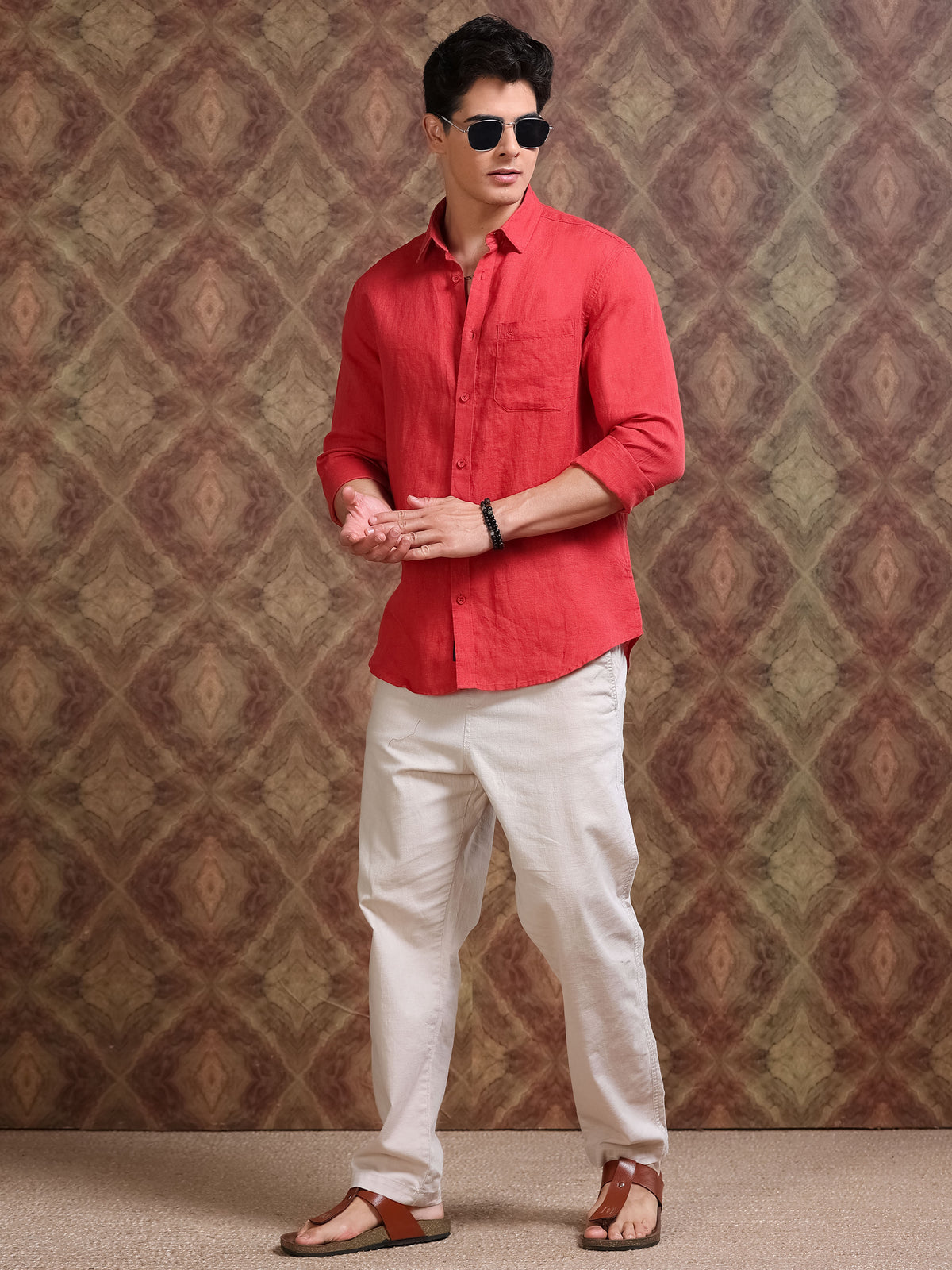 MEN'S BRICK ORANGE SOLID SLIM FIT LINEN SHIRT