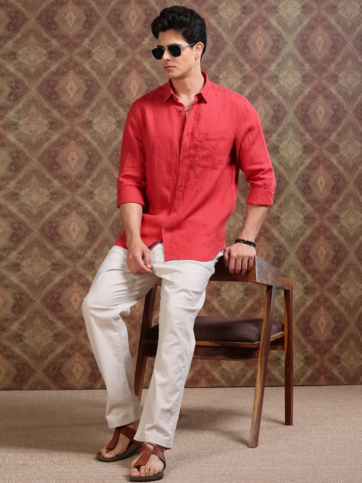MEN'S BRICK ORANGE SOLID SLIM FIT LINEN SHIRT