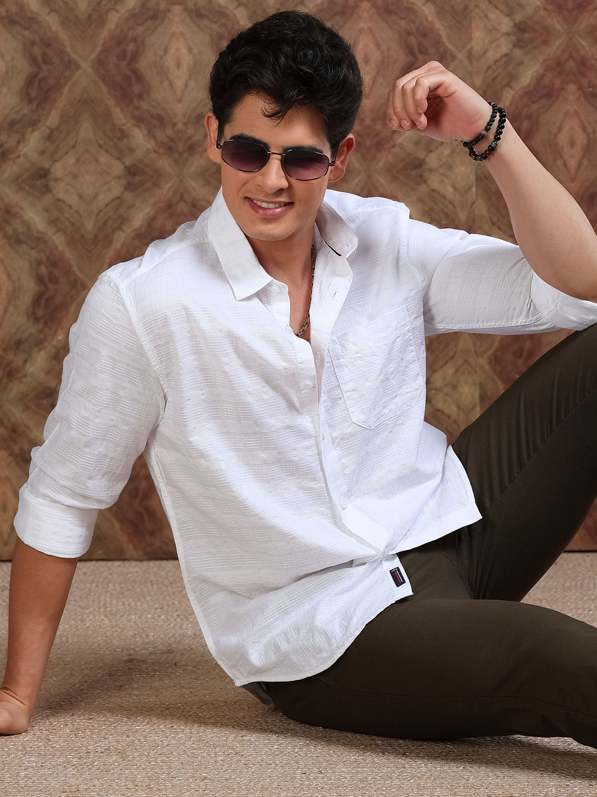 MEN'S WHITE SELF DESIGN SLIM FIT SHIRT