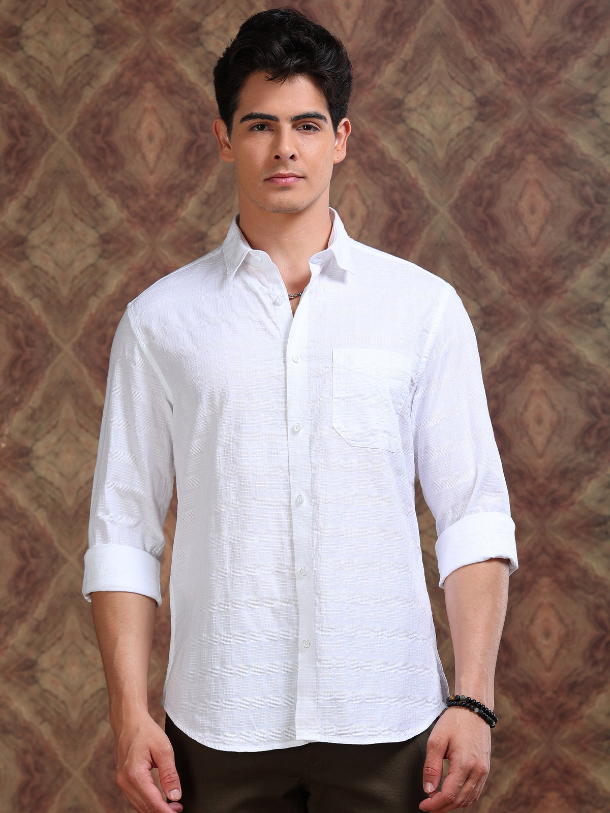MEN'S WHITE SELF DESIGN SLIM FIT SHIRT