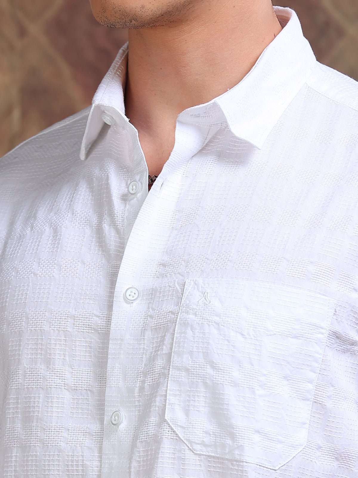 MEN'S WHITE SELF DESIGN SLIM FIT SHIRT