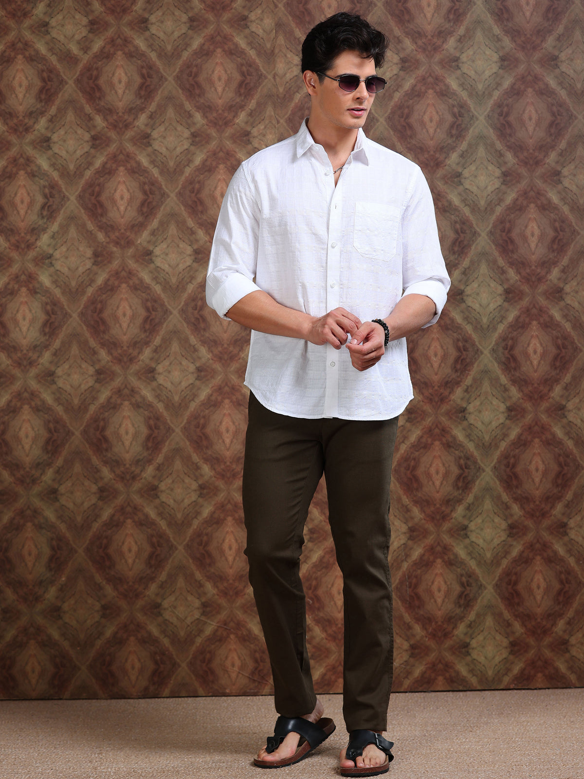 MEN'S WHITE SELF DESIGN SLIM FIT SHIRT
