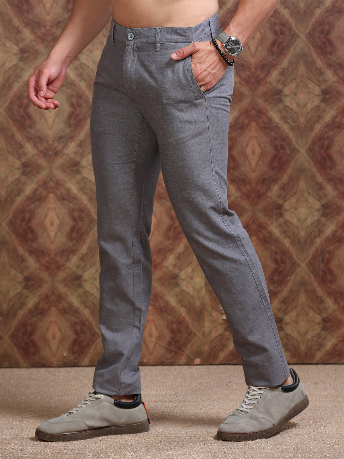 MEN'S LT.GREY SOLID SLIM FIT TROUSER