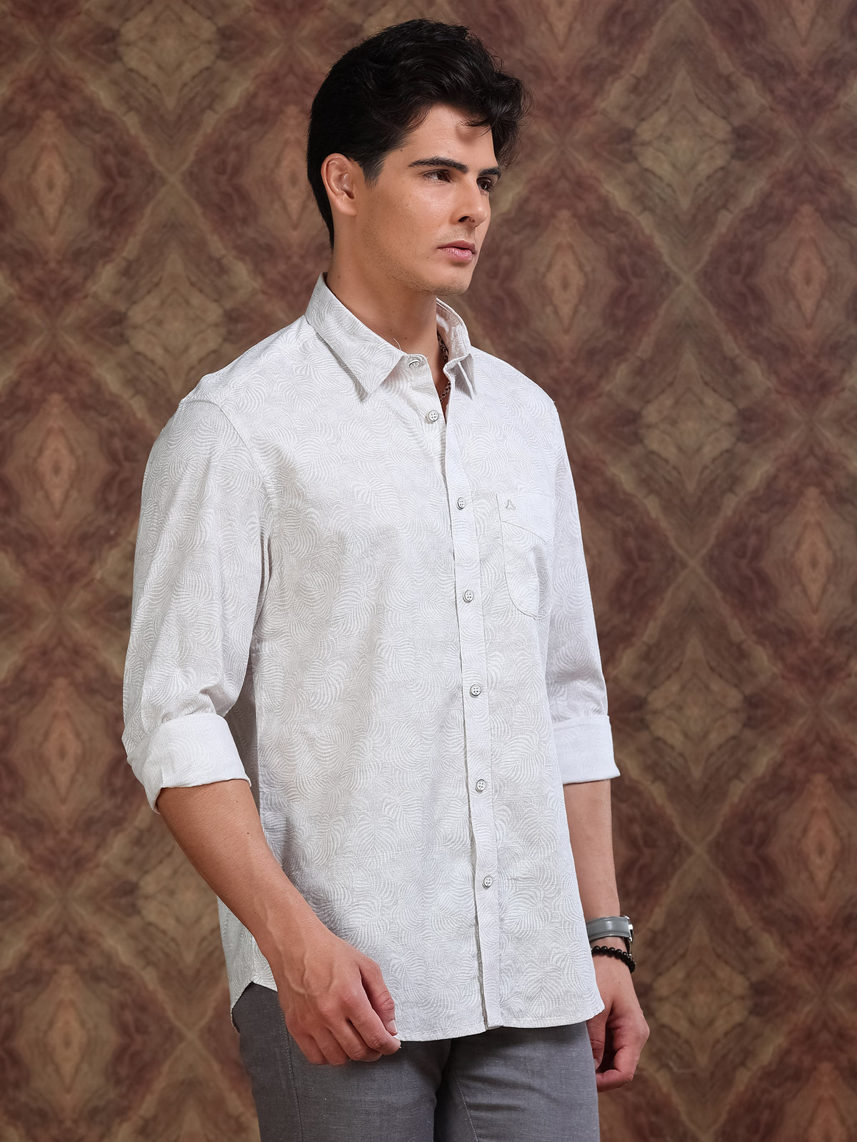 MEN'S LT.BROWN DOBBY PRINT SLIM FIT SHIRT