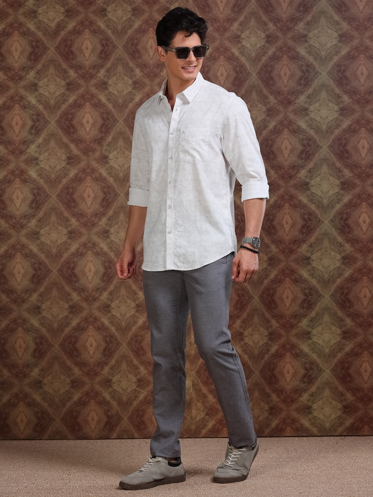 MEN'S LT.BROWN DOBBY PRINT SLIM FIT SHIRT