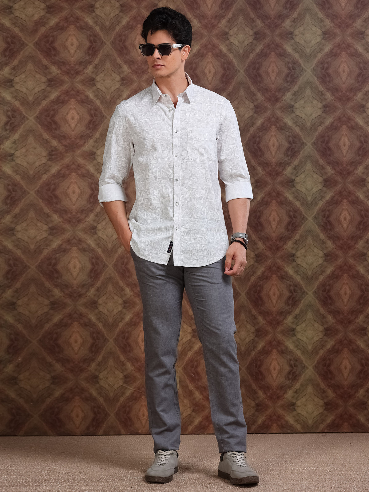 MEN'S LT.BROWN DOBBY PRINT SLIM FIT SHIRT