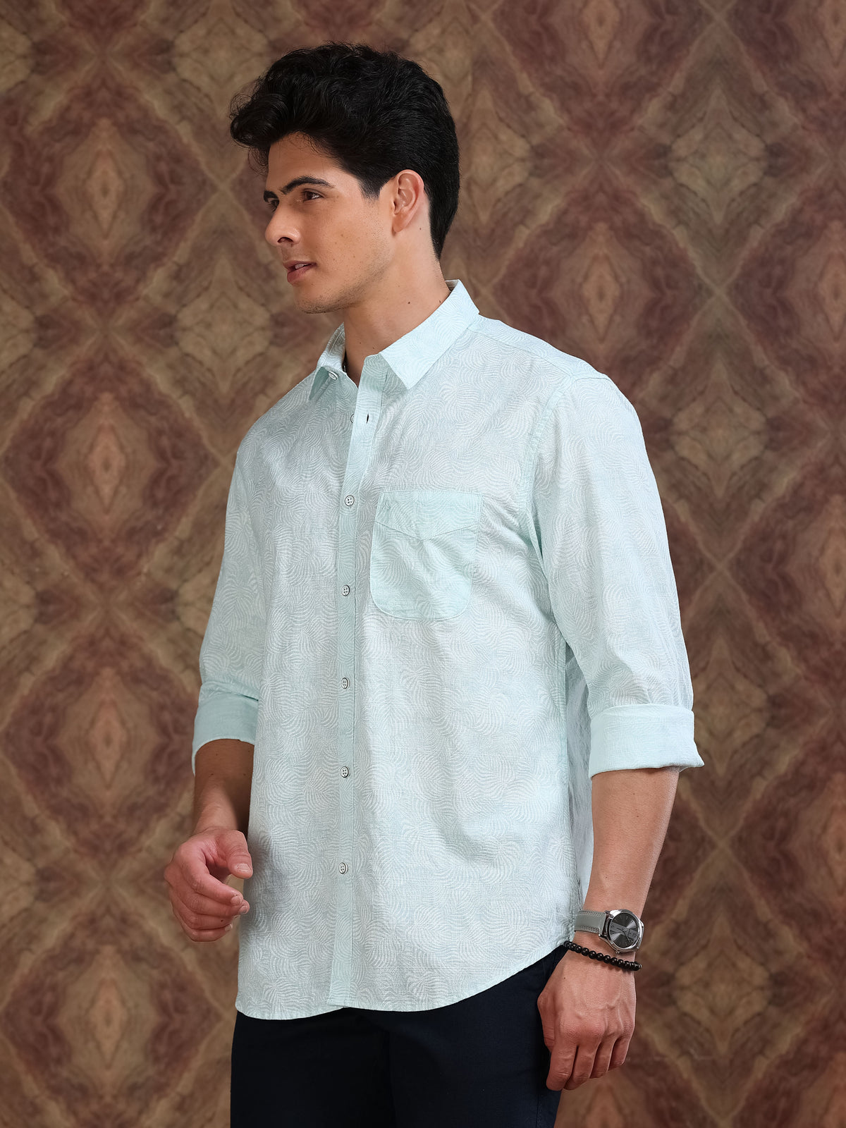 MEN'S LT.BLUE DOBBY PRINT SLIM FIT SHIRT