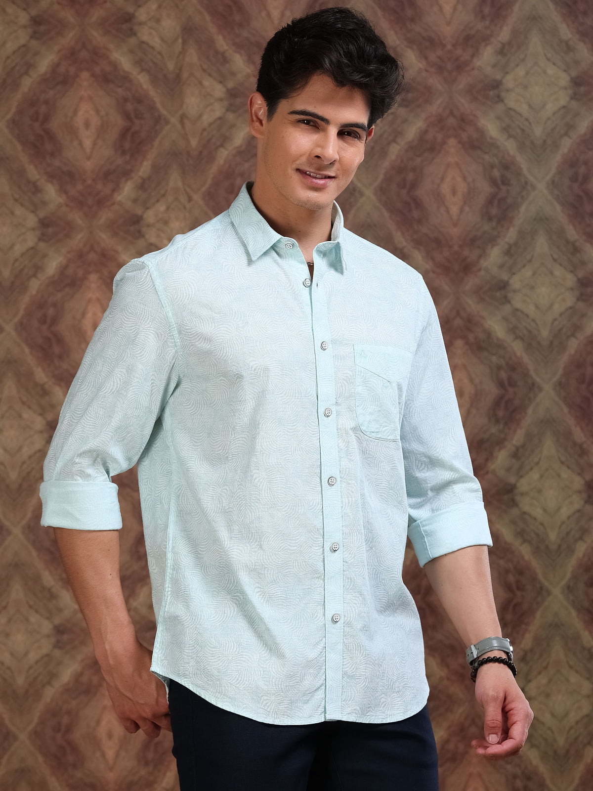 MEN'S LT.BLUE DOBBY PRINT SLIM FIT SHIRT