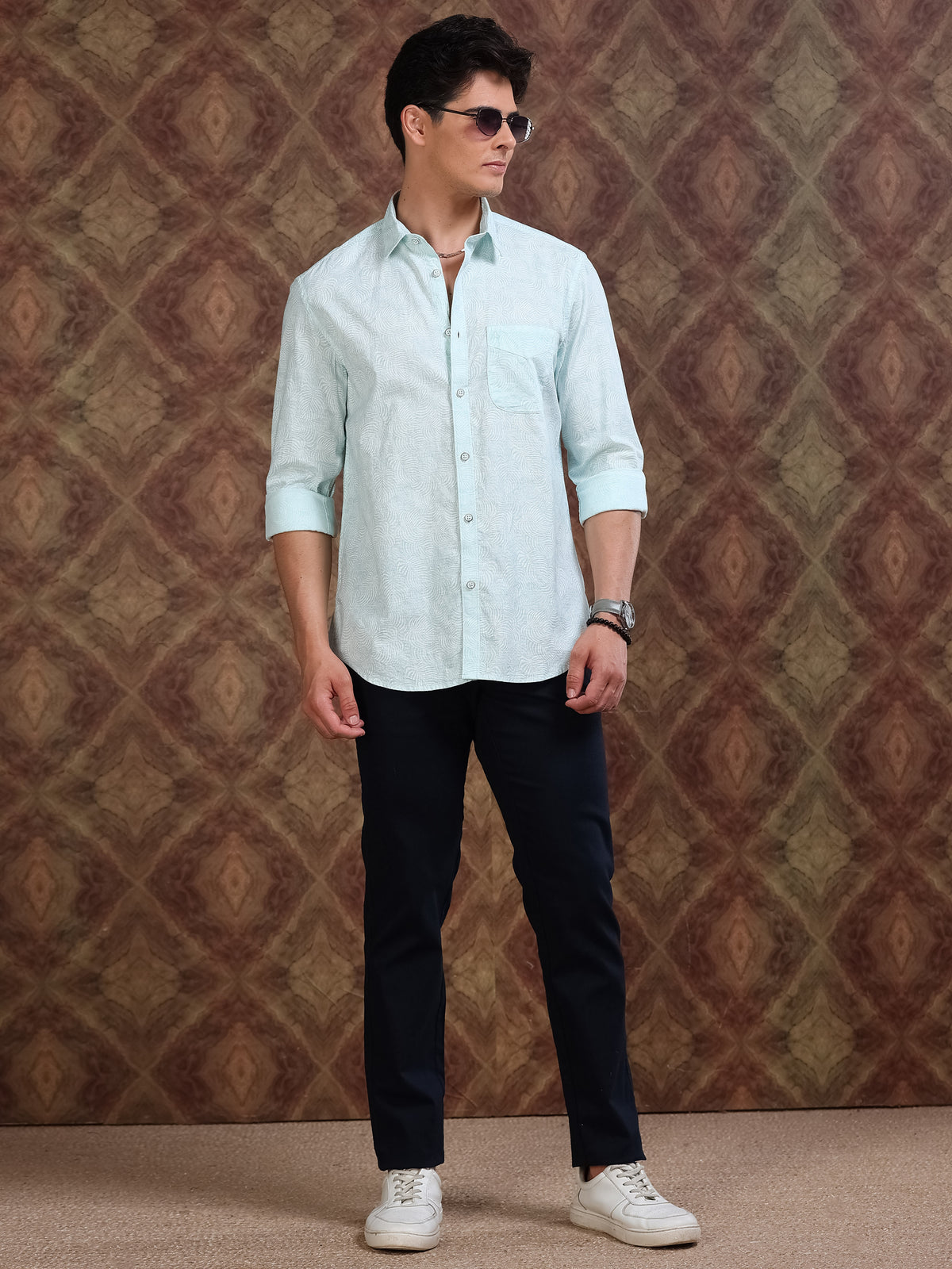 MEN'S LT.BLUE DOBBY PRINT SLIM FIT SHIRT