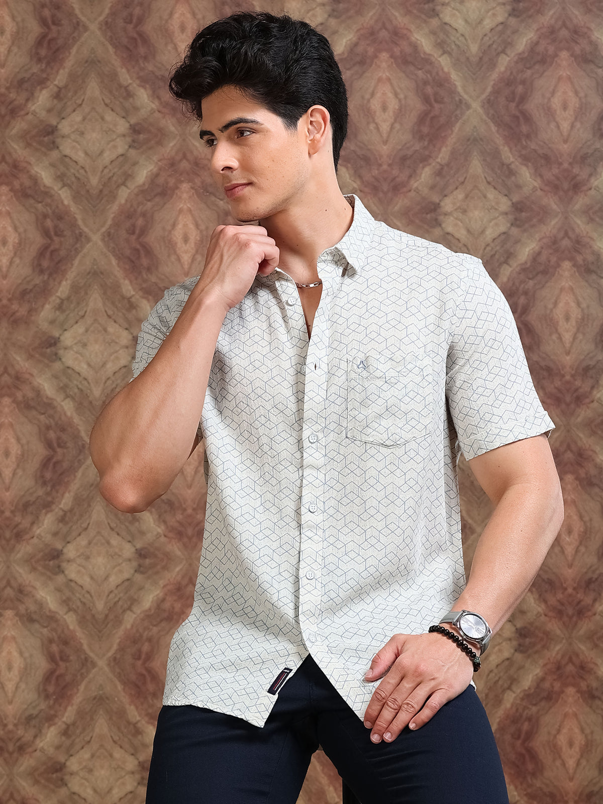 MEN'S CREAM PRINT SLIM FIT SHIRT