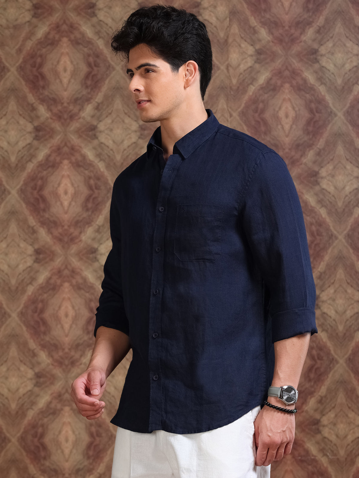 MEN'S NAVY SOLID SLIM FIT LINEN SHIRT