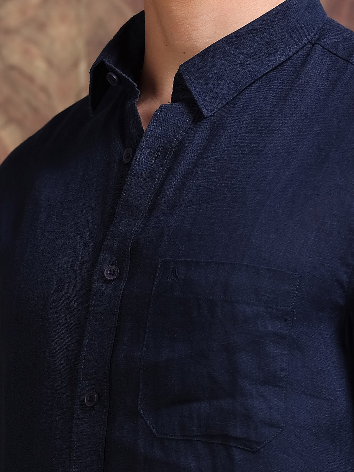 MEN'S NAVY SOLID SLIM FIT LINEN SHIRT