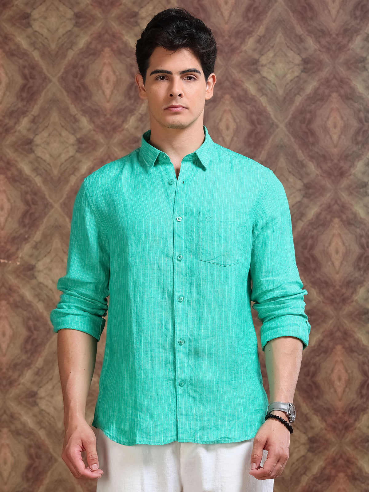 MEN'S GREEN STRIPE SLIM FIT LINEN SHIRT