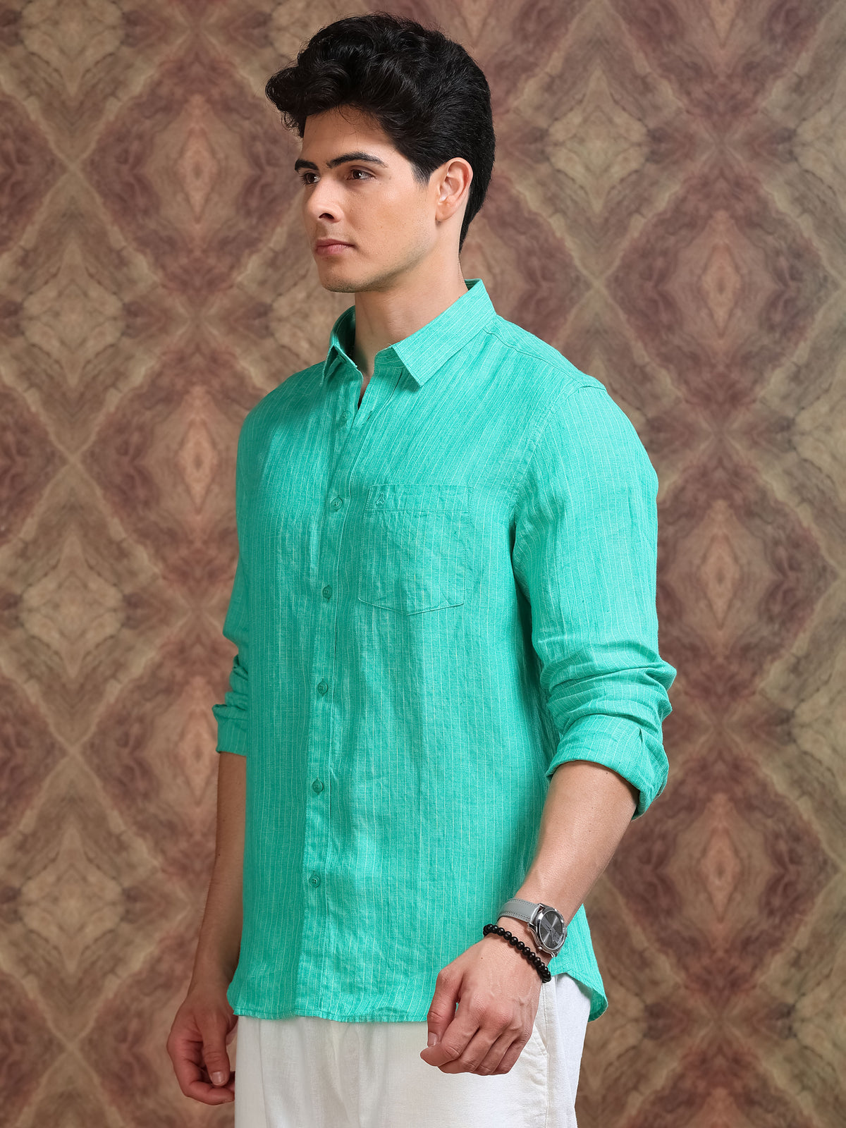 MEN'S GREEN STRIPE SLIM FIT LINEN SHIRT