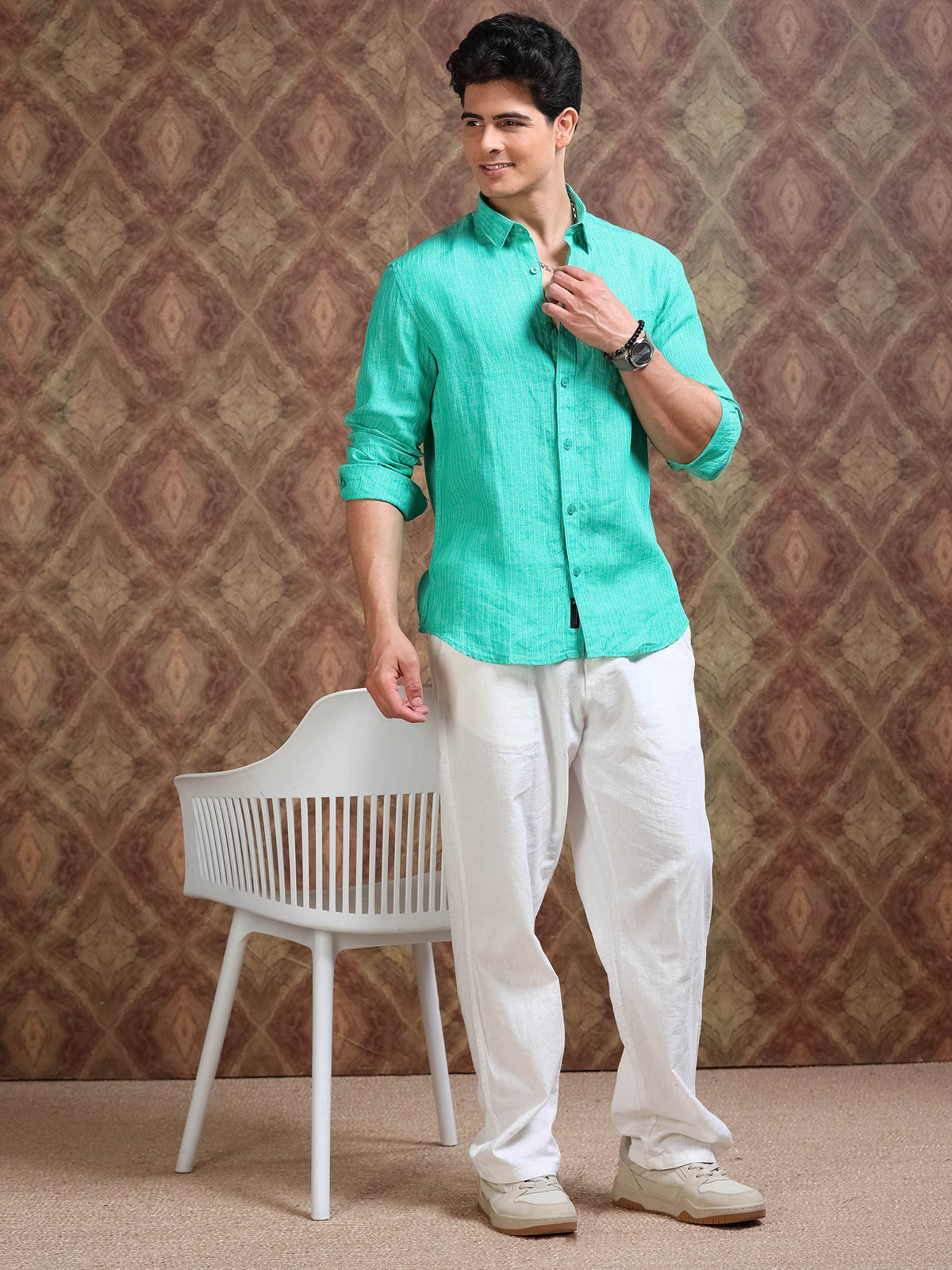 MEN'S GREEN STRIPE SLIM FIT LINEN SHIRT