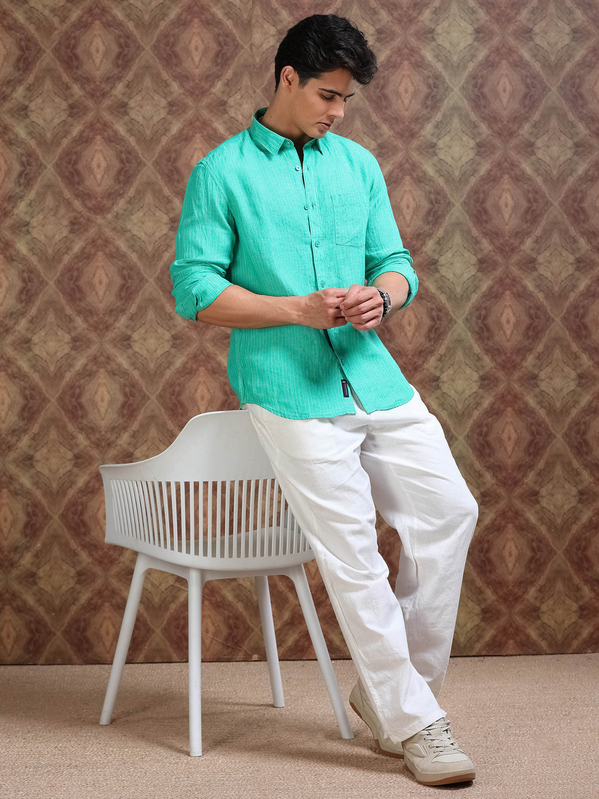 MEN'S GREEN STRIPE SLIM FIT LINEN SHIRT