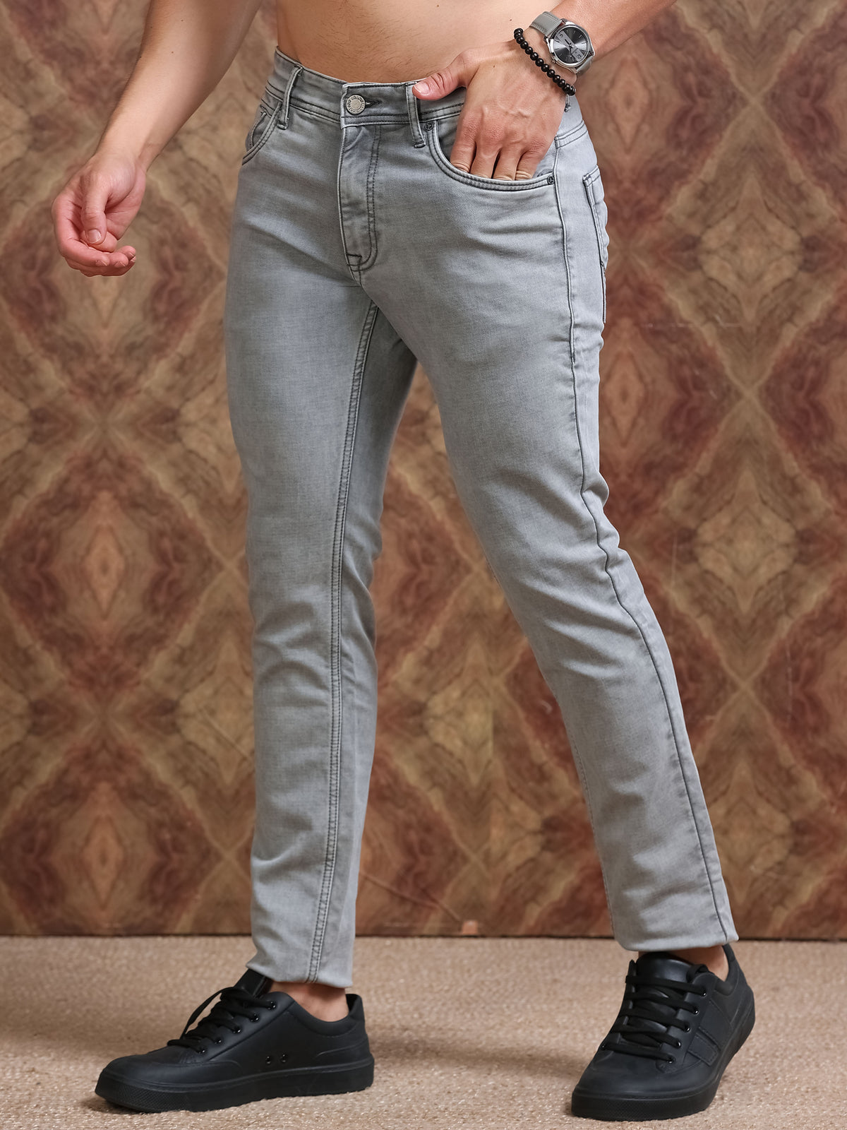 MEN'S GREY SOLID SLIM FIT JEANS