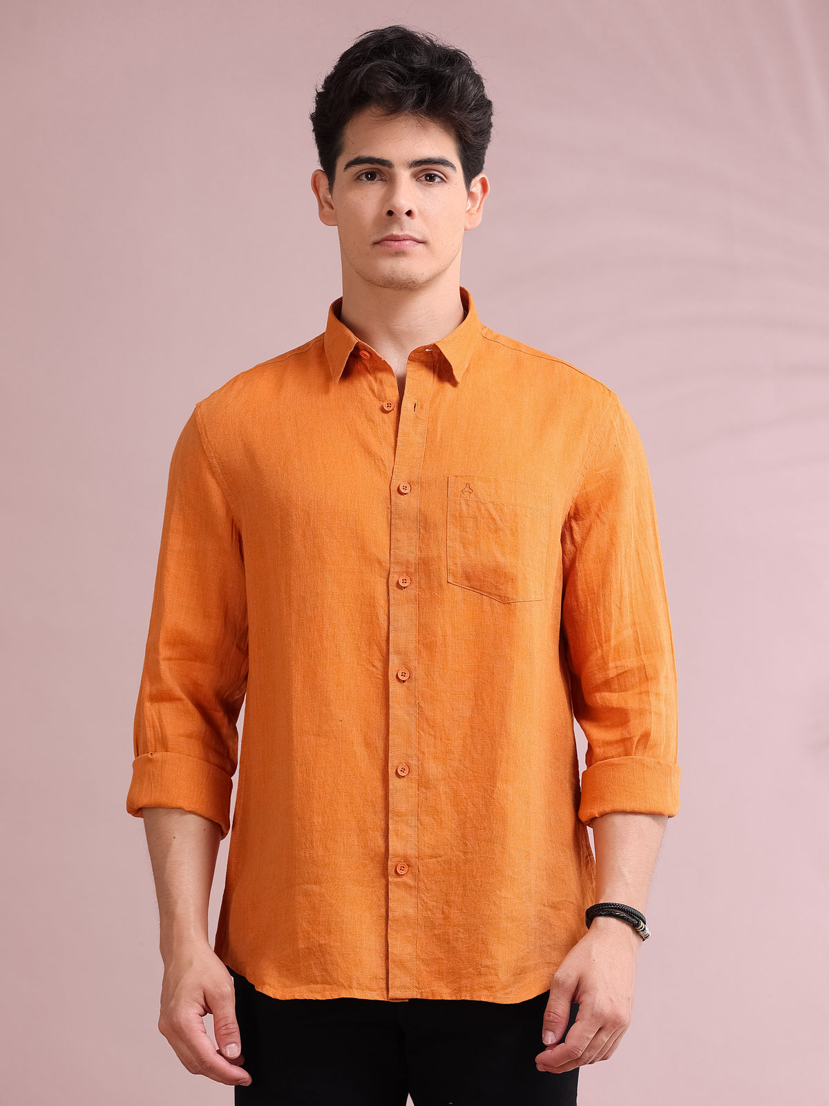 MEN'S ORANGE SOLID SLIM FIT LINEN SHIRT