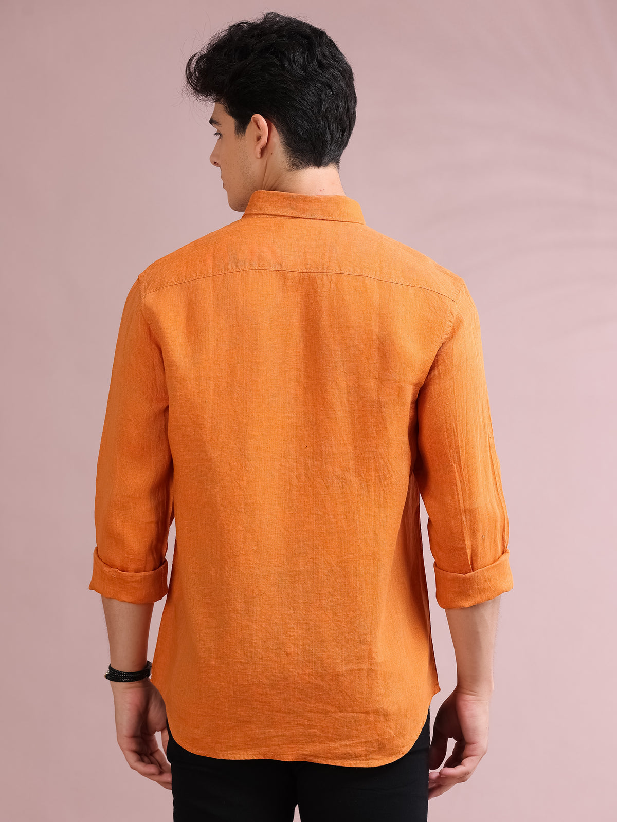 MEN'S ORANGE SOLID SLIM FIT LINEN SHIRT