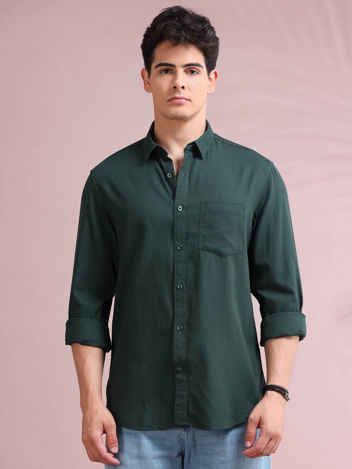 MEN'S AUTUMN GREEN SELF DESIGN SLIM FIT SHIRT