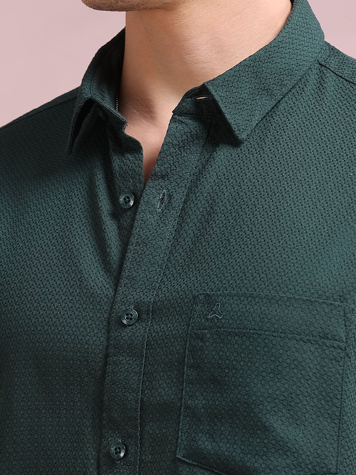 MEN'S AUTUMN GREEN SELF DESIGN SLIM FIT SHIRT