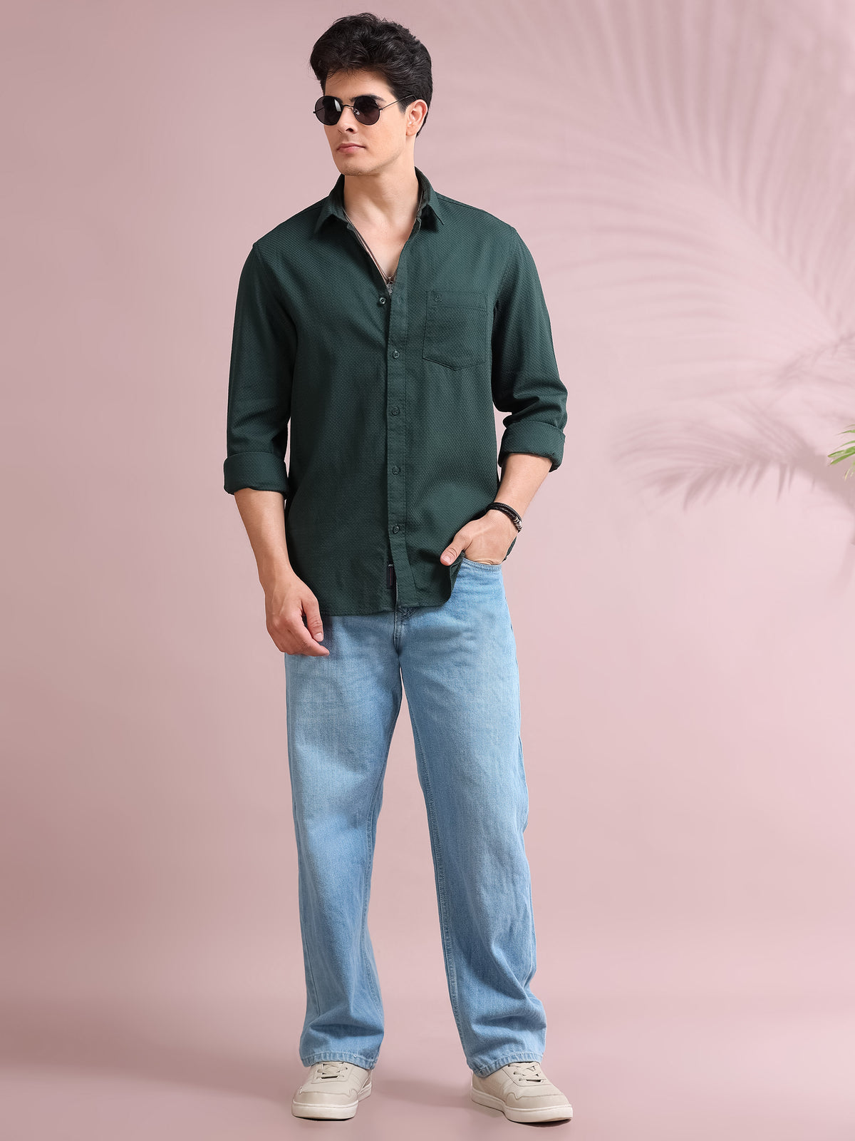 MEN'S AUTUMN GREEN SELF DESIGN SLIM FIT SHIRT