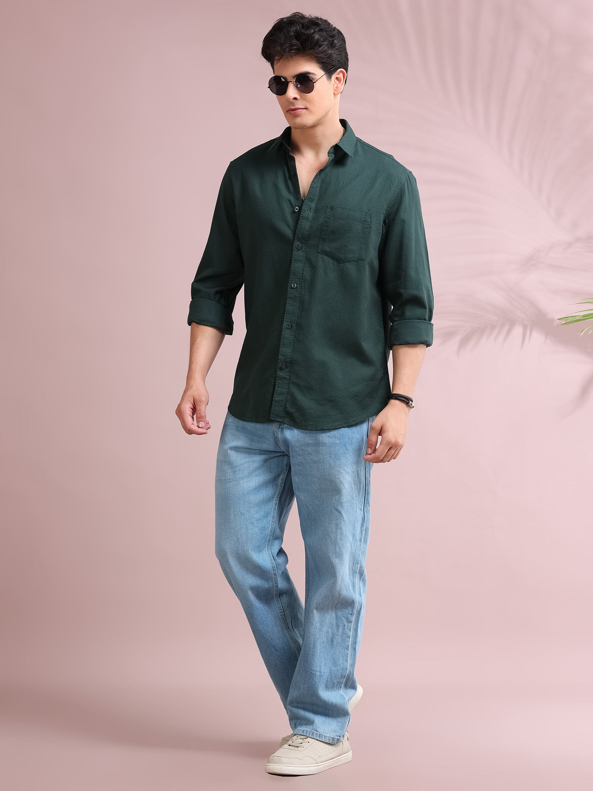 MEN'S AUTUMN GREEN SELF DESIGN SLIM FIT SHIRT