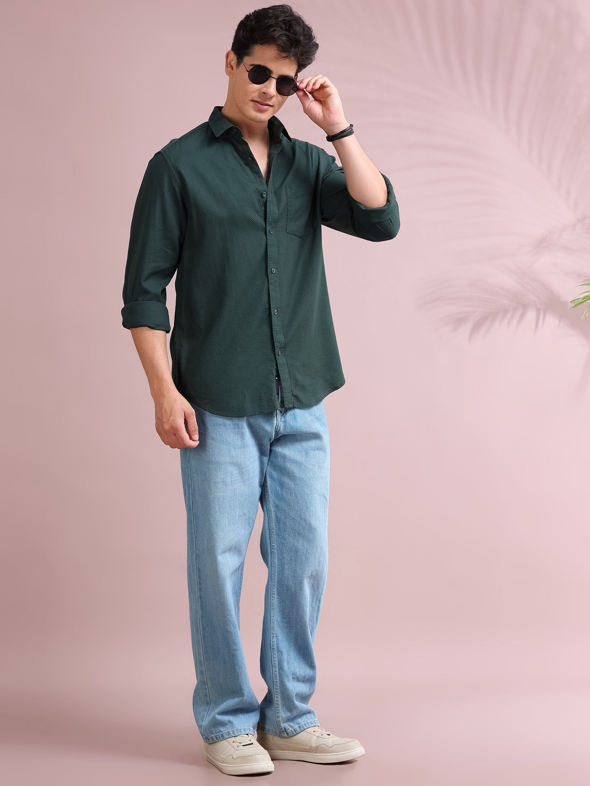 MEN'S AUTUMN GREEN SELF DESIGN SLIM FIT SHIRT