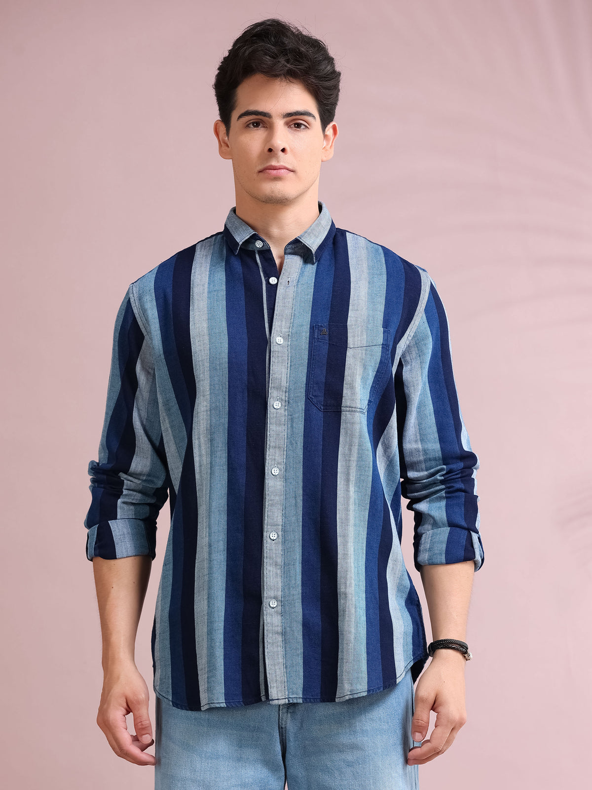 MEN'S NAVY STRIPE SLIM FIT INDIGO SHIRT