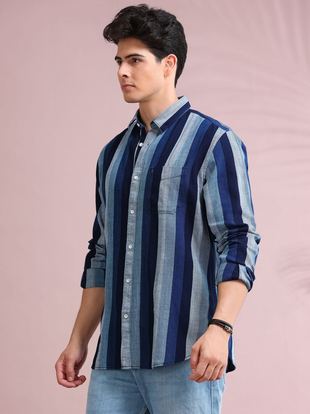 MEN'S NAVY STRIPE SLIM FIT INDIGO SHIRT