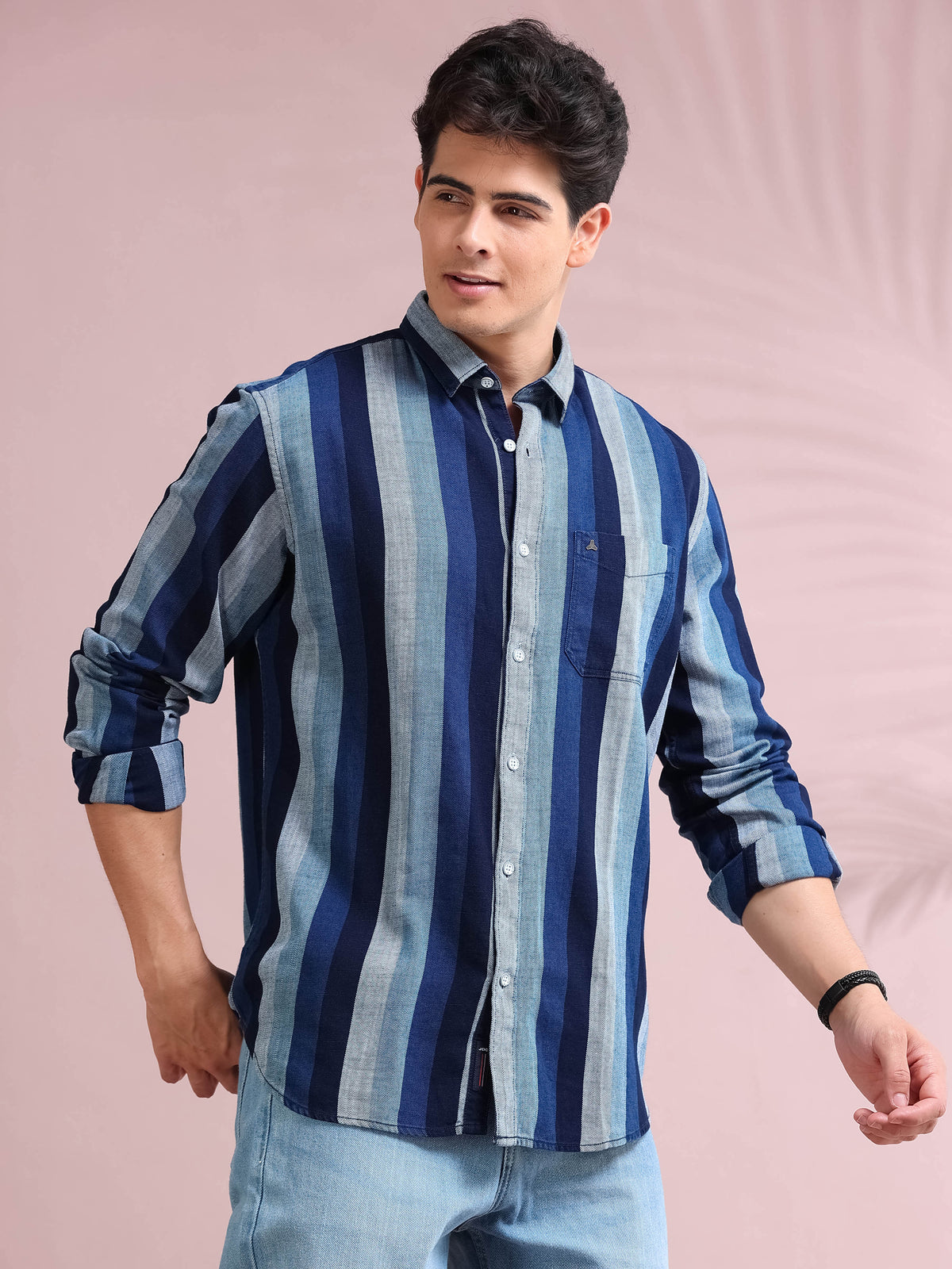 MEN'S NAVY STRIPE SLIM FIT INDIGO SHIRT