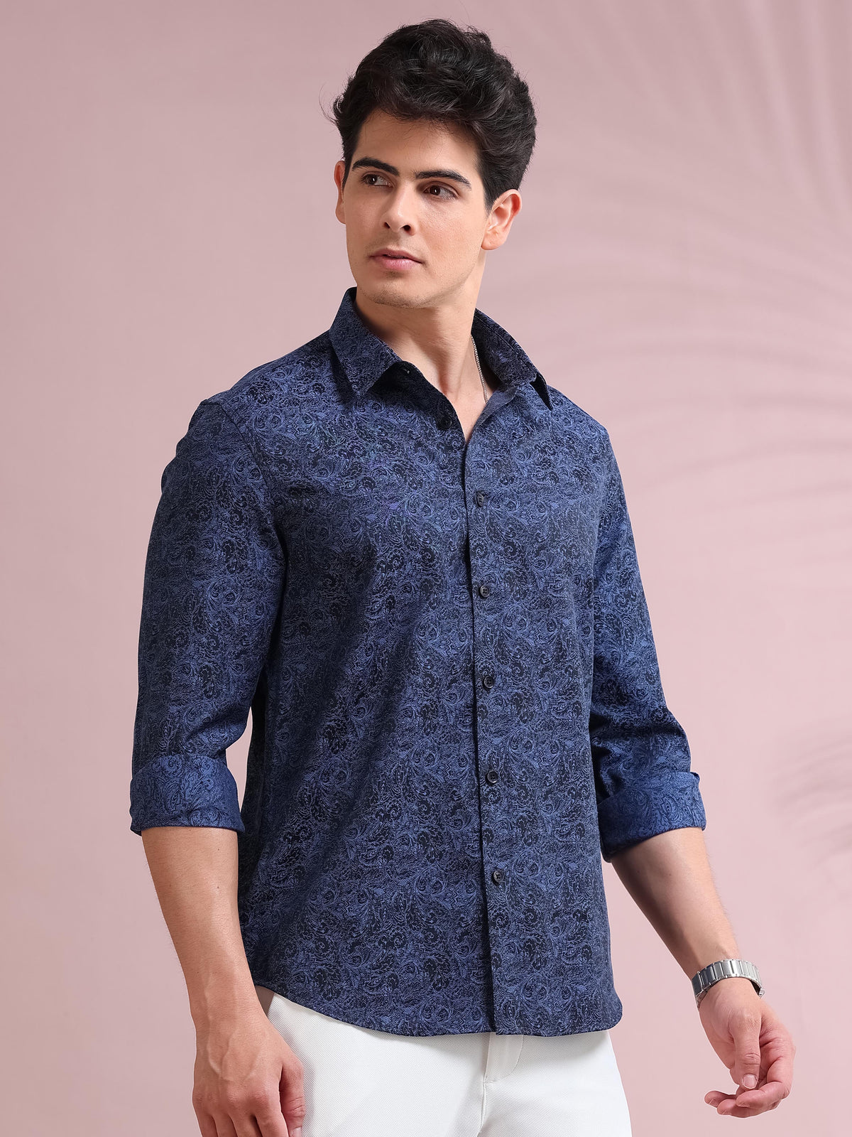 MEN'S BLUE FANCY PRINT SLIM FIT SHIRT