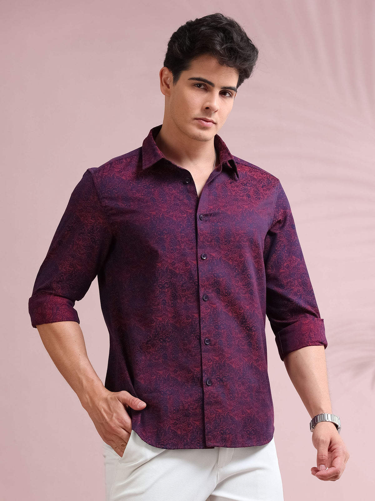 MEN'S MAROON FANCY PRINT SLIM FIT SHIRT