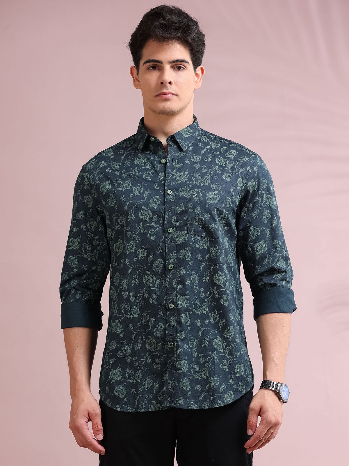 MEN'S GREEN PRINT SLIM FIT SHIRT