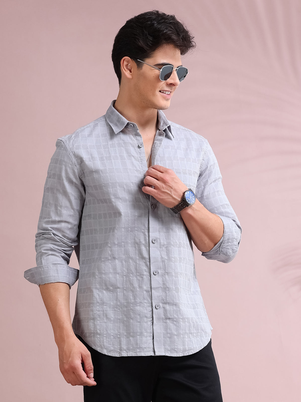MEN'S SILVER SELF DESIGN SLIM FIT SHIRT