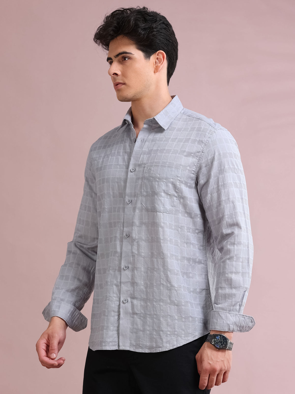 MEN'S SILVER SELF DESIGN SLIM FIT SHIRT