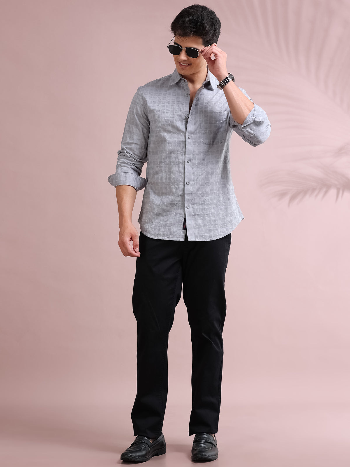 MEN'S SILVER SELF DESIGN SLIM FIT SHIRT