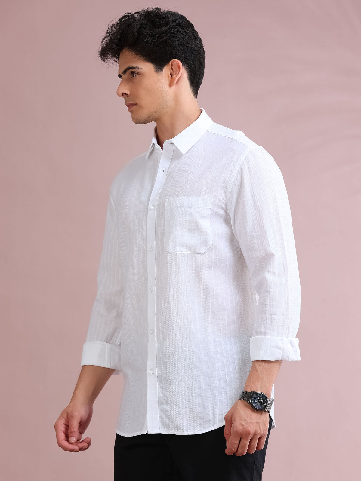 MEN'S WHITE SELF DESIGN SLIM FIT SHIRT
