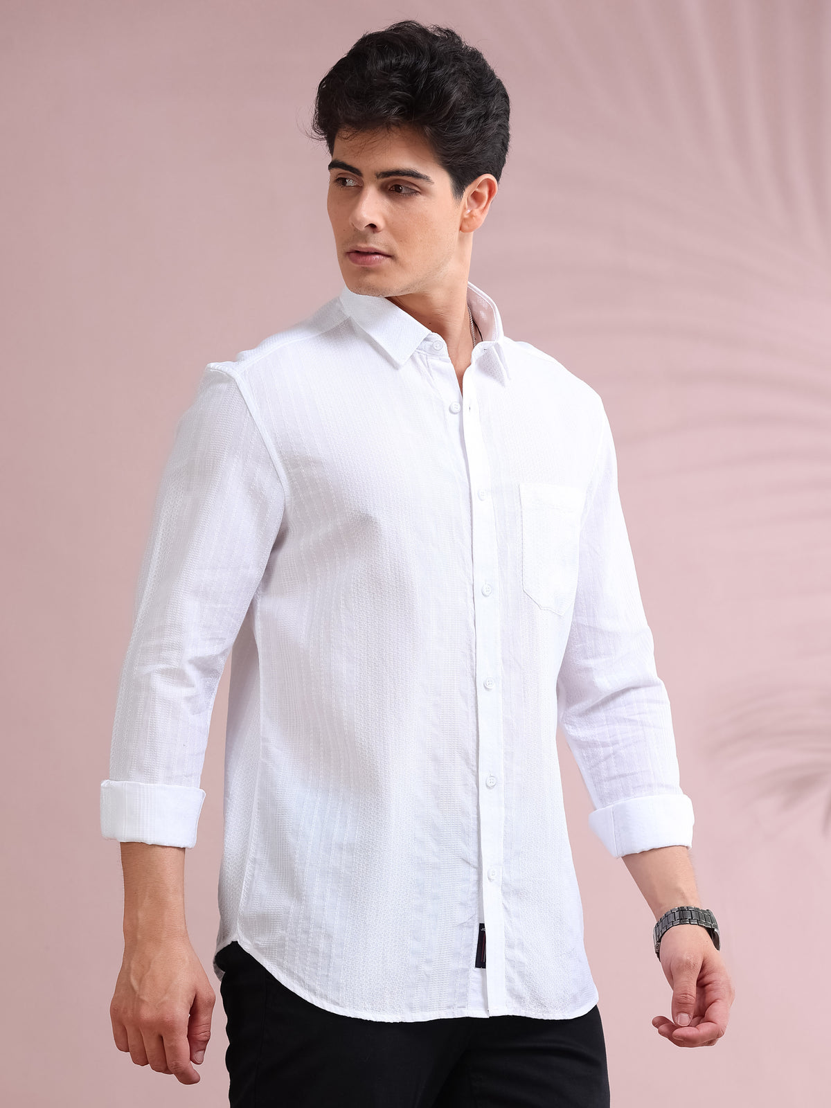 MEN'S WHITE SELF DESIGN SLIM FIT SHIRT