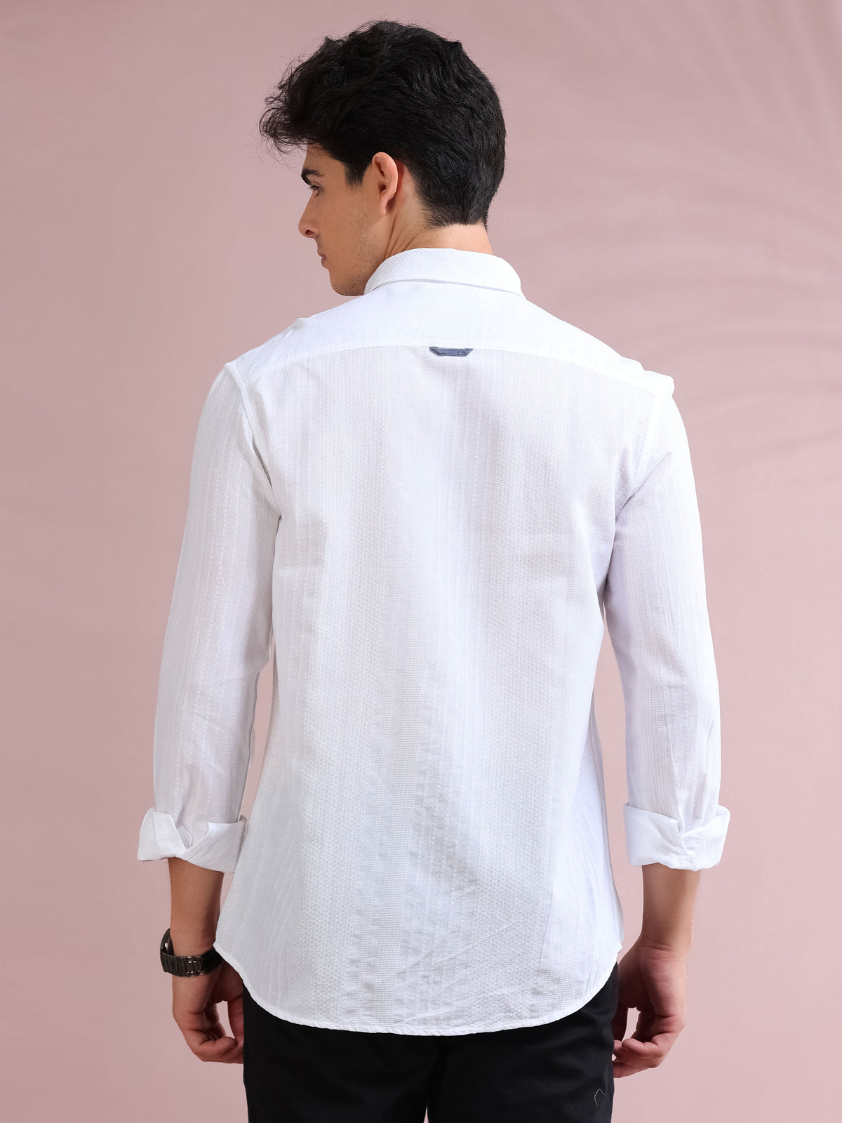 MEN'S WHITE SELF DESIGN SLIM FIT SHIRT