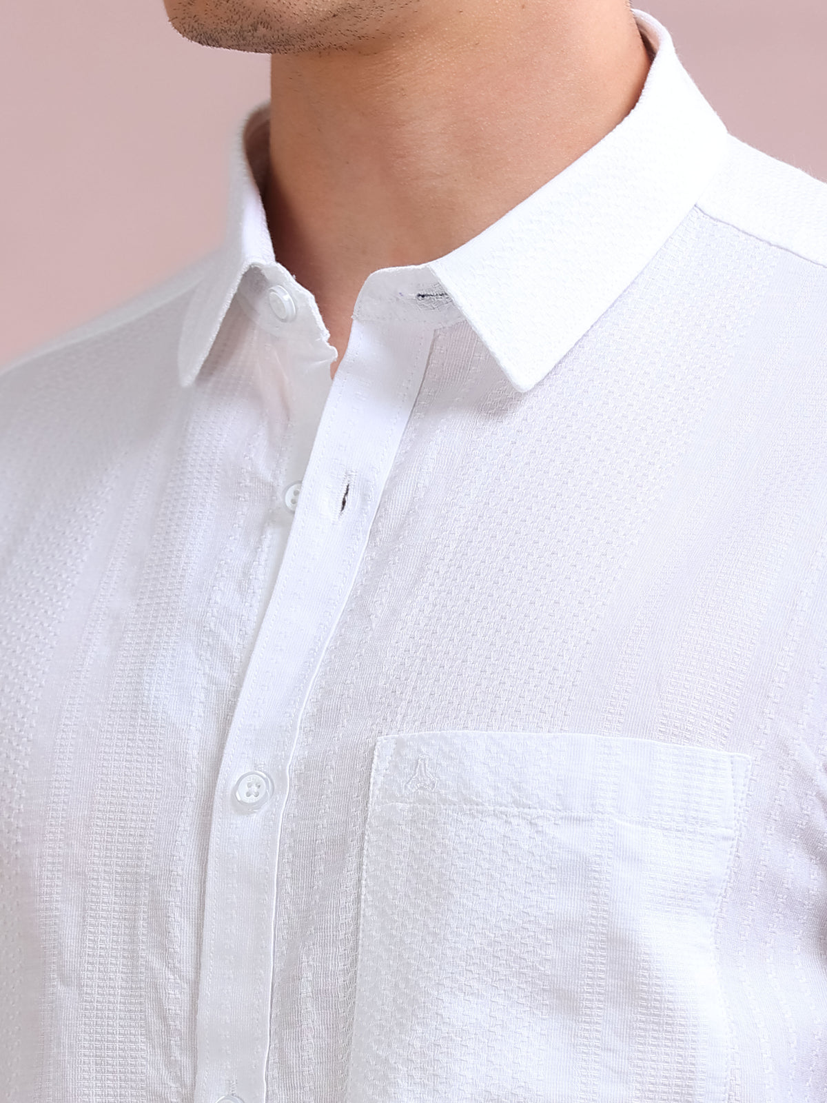 MEN'S WHITE SELF DESIGN SLIM FIT SHIRT