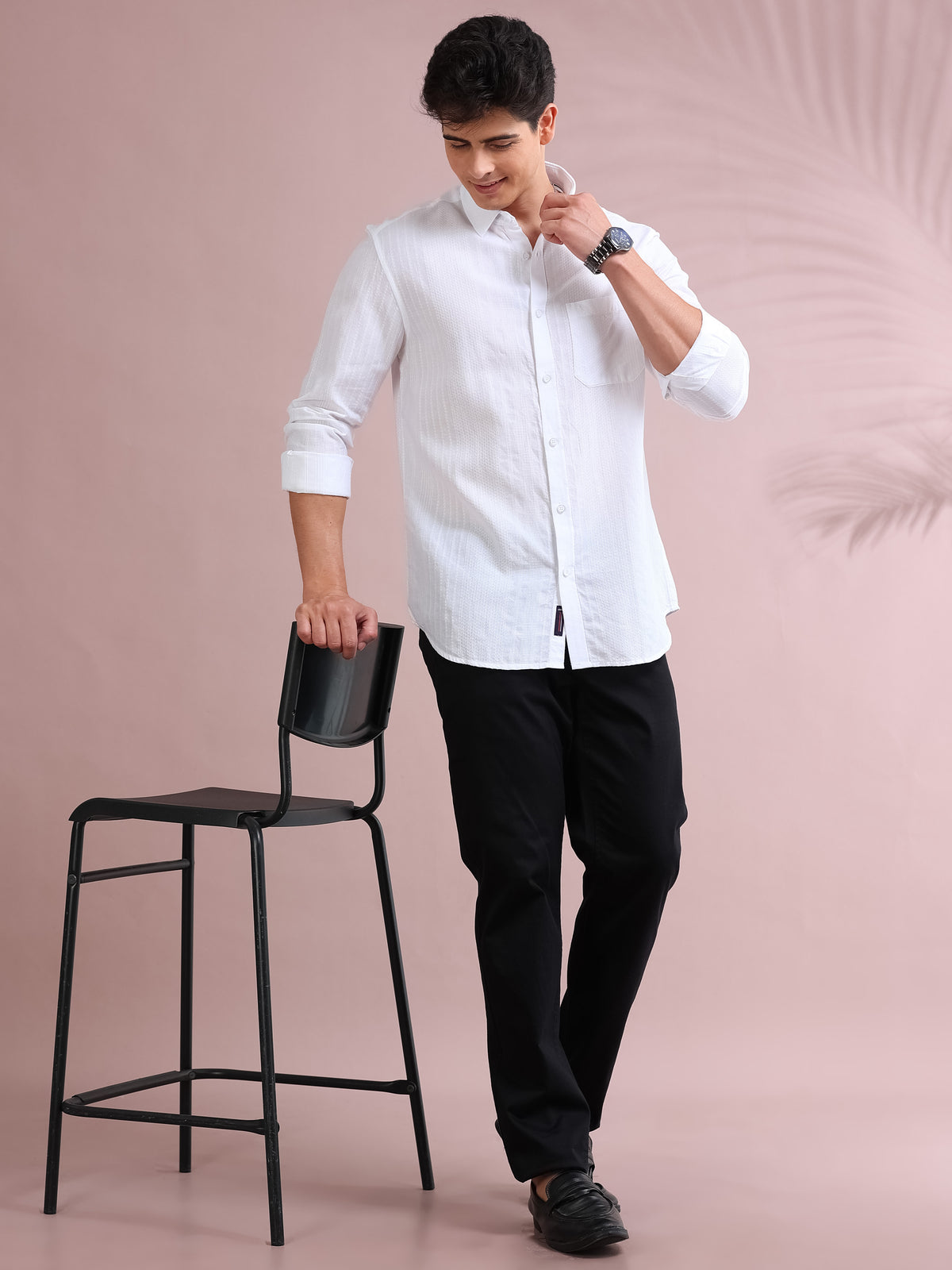 MEN'S WHITE SELF DESIGN SLIM FIT SHIRT