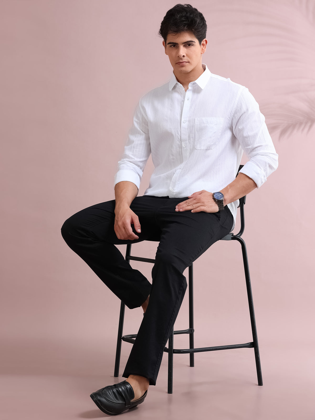 MEN'S WHITE SELF DESIGN SLIM FIT SHIRT