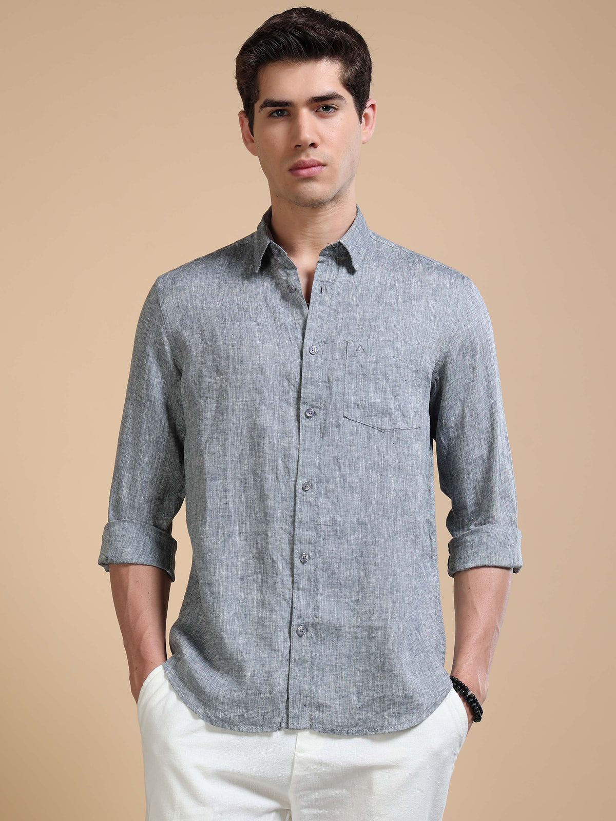 MEN'S LT.BLACK SOLID SLIM FIT LINEN SHIRT